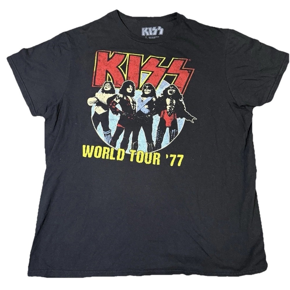 KISS Graphic T-Shirt Mens‎ Large Black World Tour 77 Band Tee Distressed Print